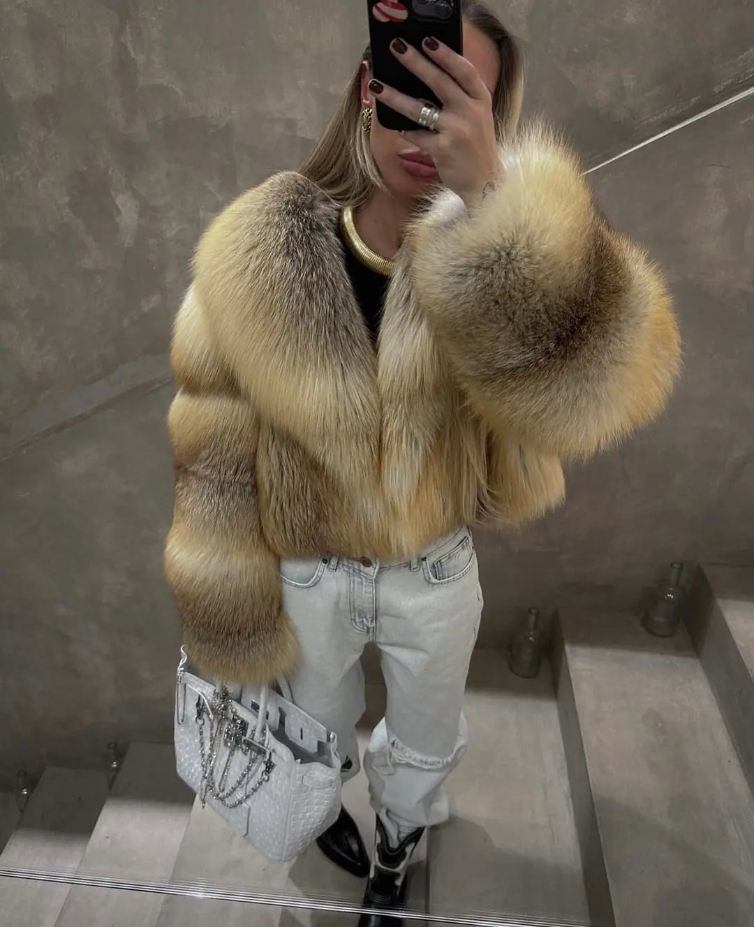 Ombré Beige Fox Fur Cropped Jacket