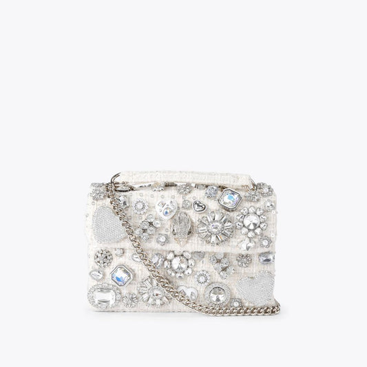 White Tweed Crystal Embellished Chain Shoulder Bag
