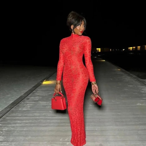 Sheer Lace Bodycon Maxi Dress