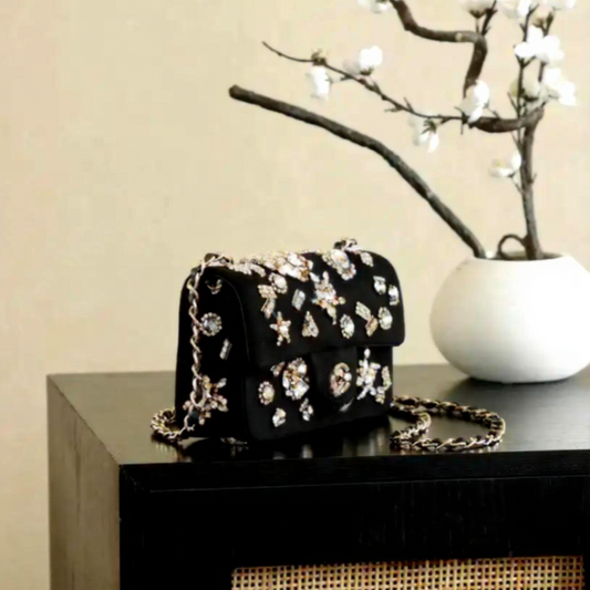 Black Velvet Multi-Crystal Embellished Flap Bag